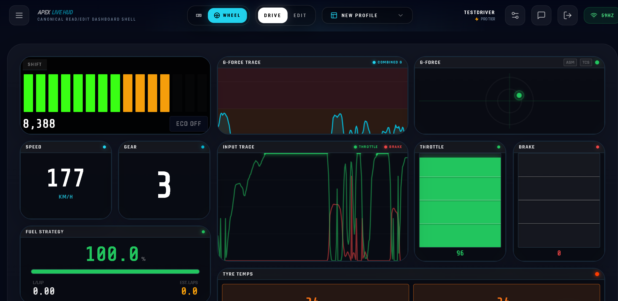 Apex HUD Drive mode showing live speed, gear, RPM shift bar, G-force trace, input trace, throttle, brake, and fuel strategy widgets