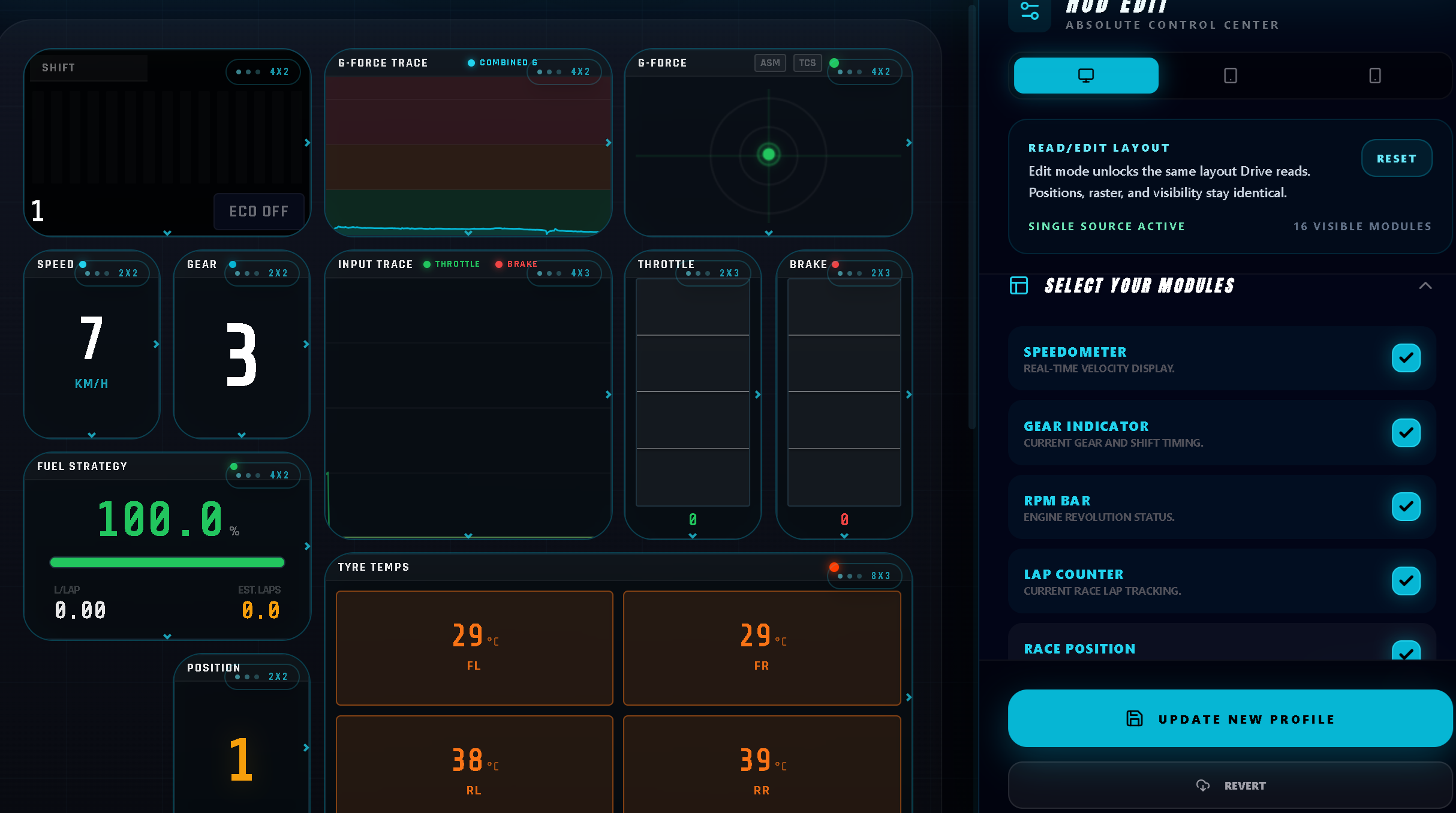 Apex HUD Edit mode showing the drag-and-resize layout editor with module selection panel