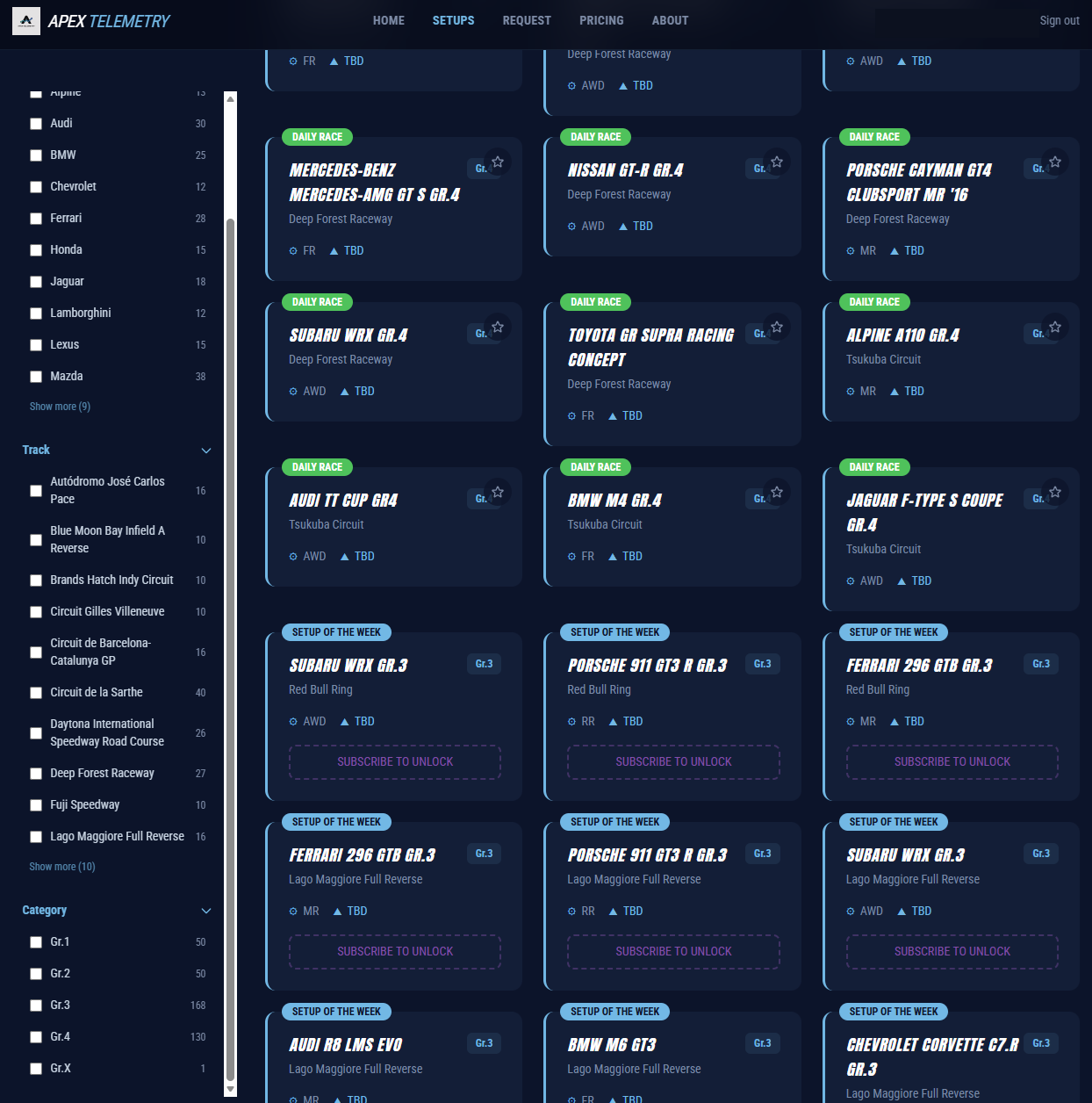 Setup catalog deep view showing additional race setups and filter context